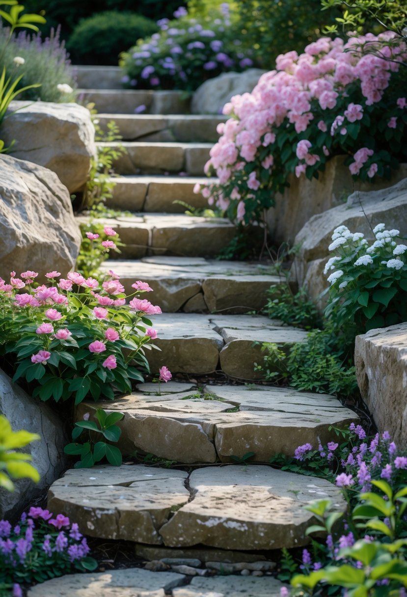 Rustic stone steps surrounded by blooming flowering vines in a garden setting.