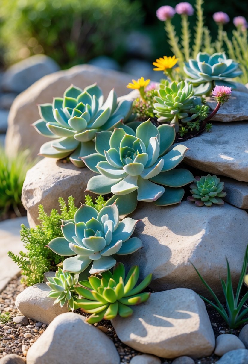 A garden scene with succulents and sandstone rocks arranged among blooming flowers in a rock garden.