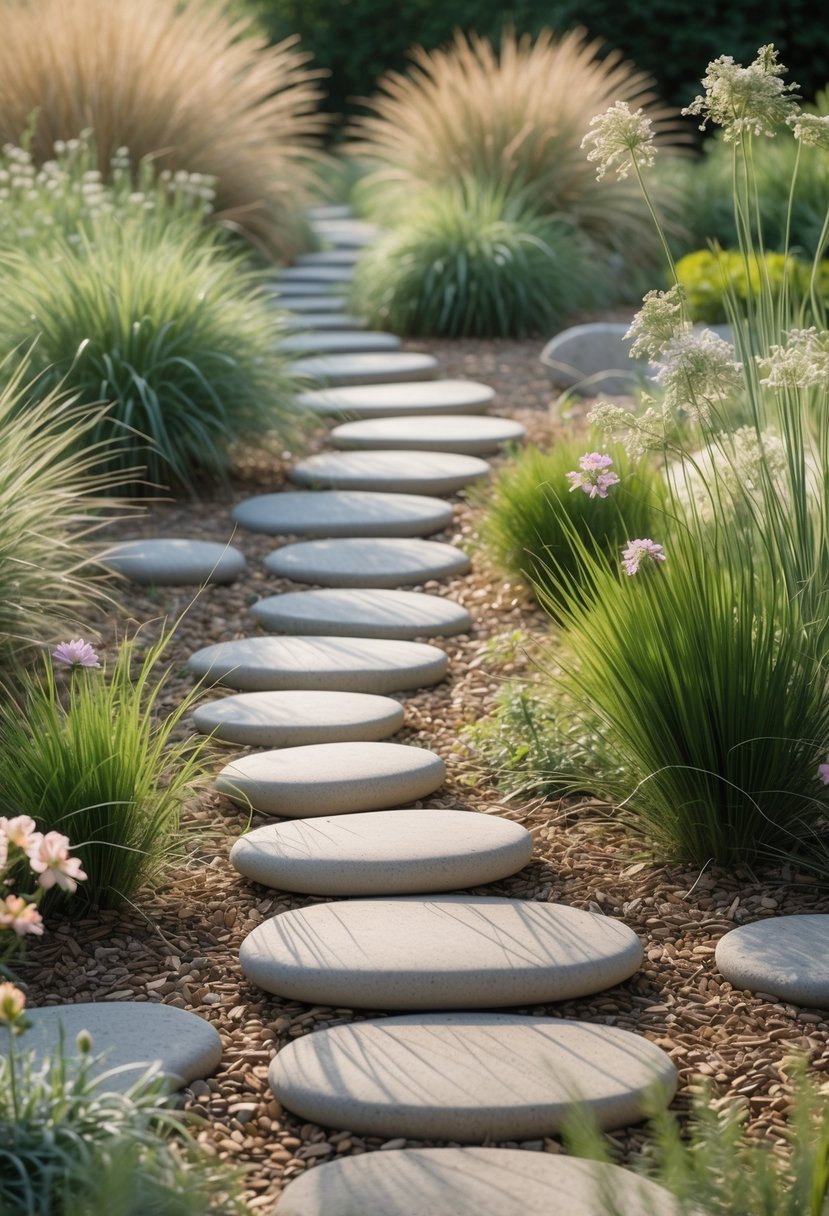 A garden path made of stepping stones surrounded by ornamental grasses and flowering plants.