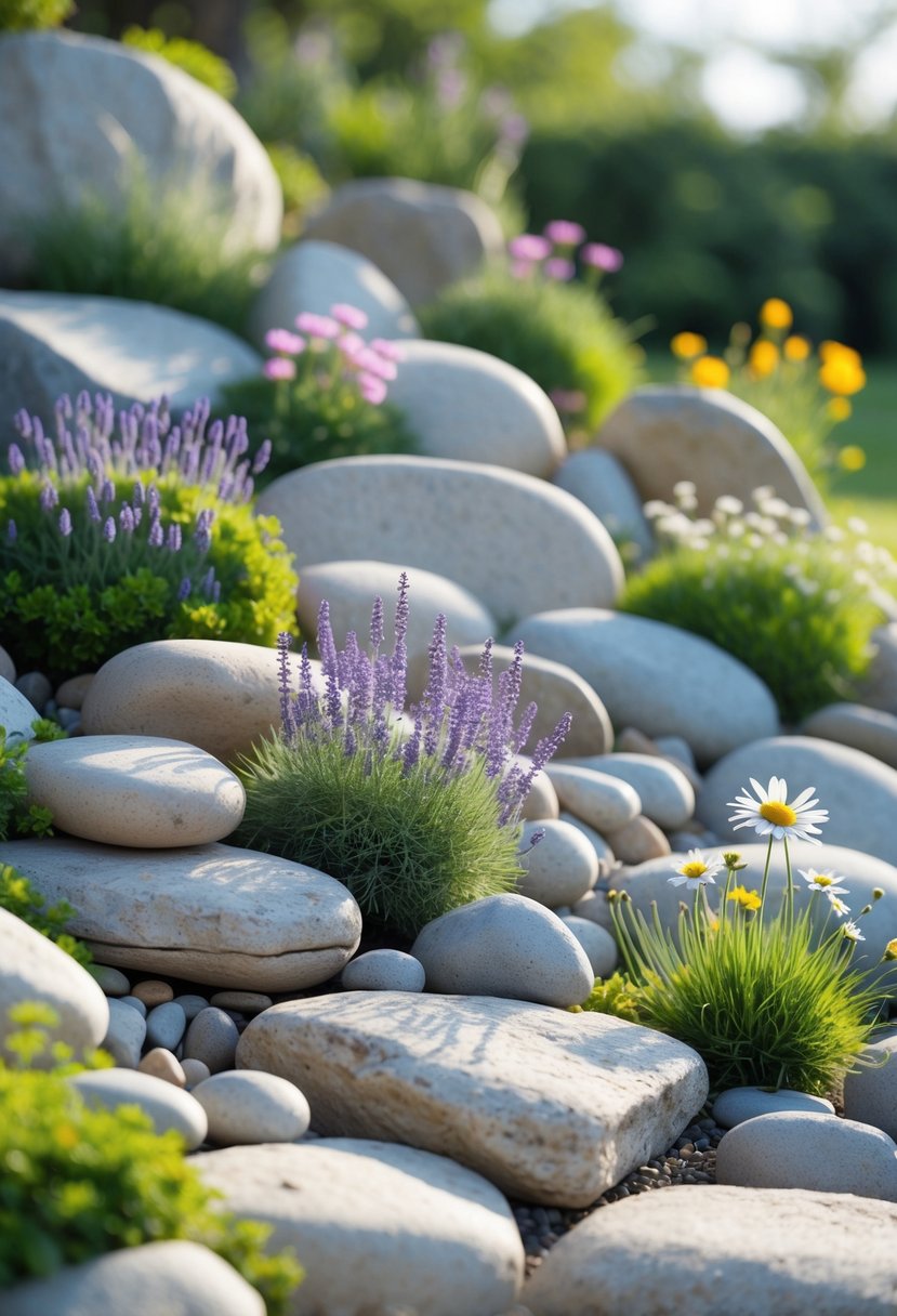 A peaceful rock garden with smooth stones and colorful flowers arranged among green plants.