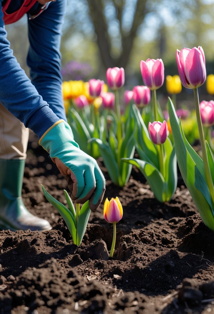 Person planting tulip bulbs in soil with blooming tulips nearby.