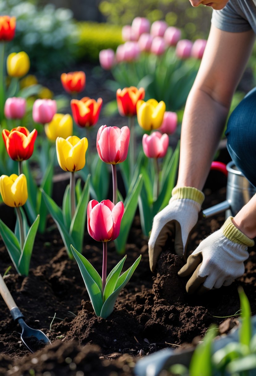 Hands planting tulip bulbs in soil with colorful tulip flowers growing nearby in a garden.