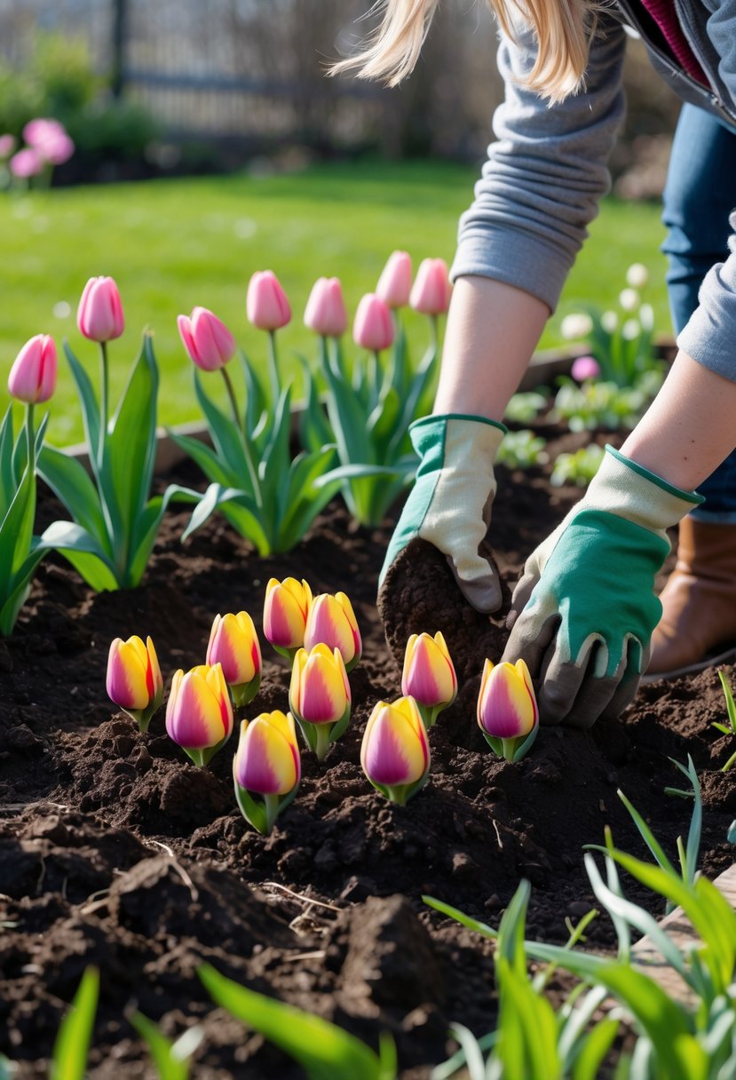 A person planting tulip bulbs in a garden bed with dark soil and blooming tulips nearby.