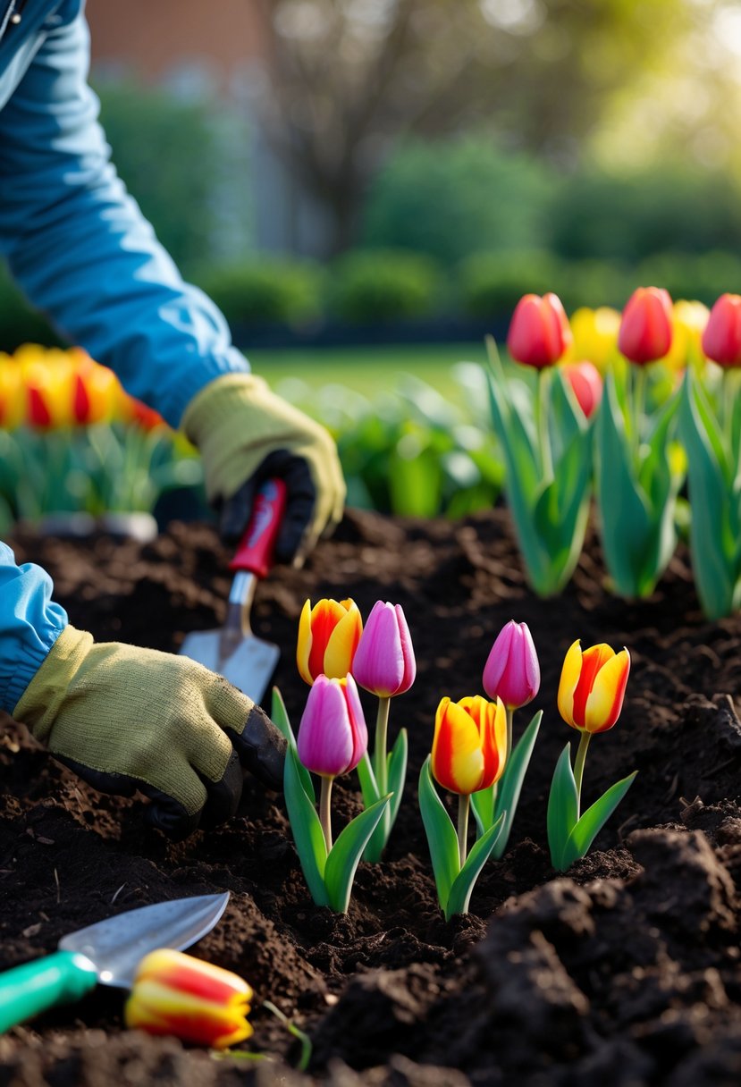 Hands planting tulip bulbs into soil in a garden with gardening tools nearby.