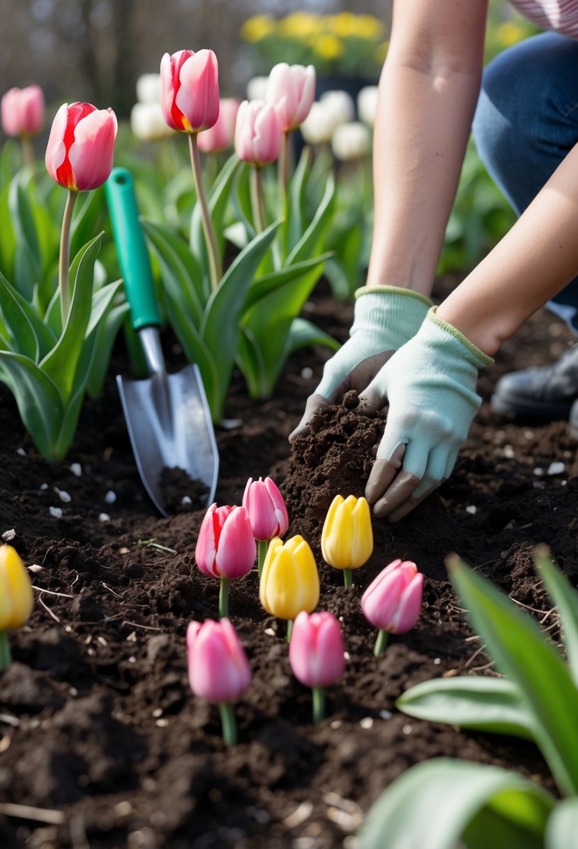 Close-up of hands planting tulip bulbs in soil with blooming tulips and gardening tools nearby in a garden.