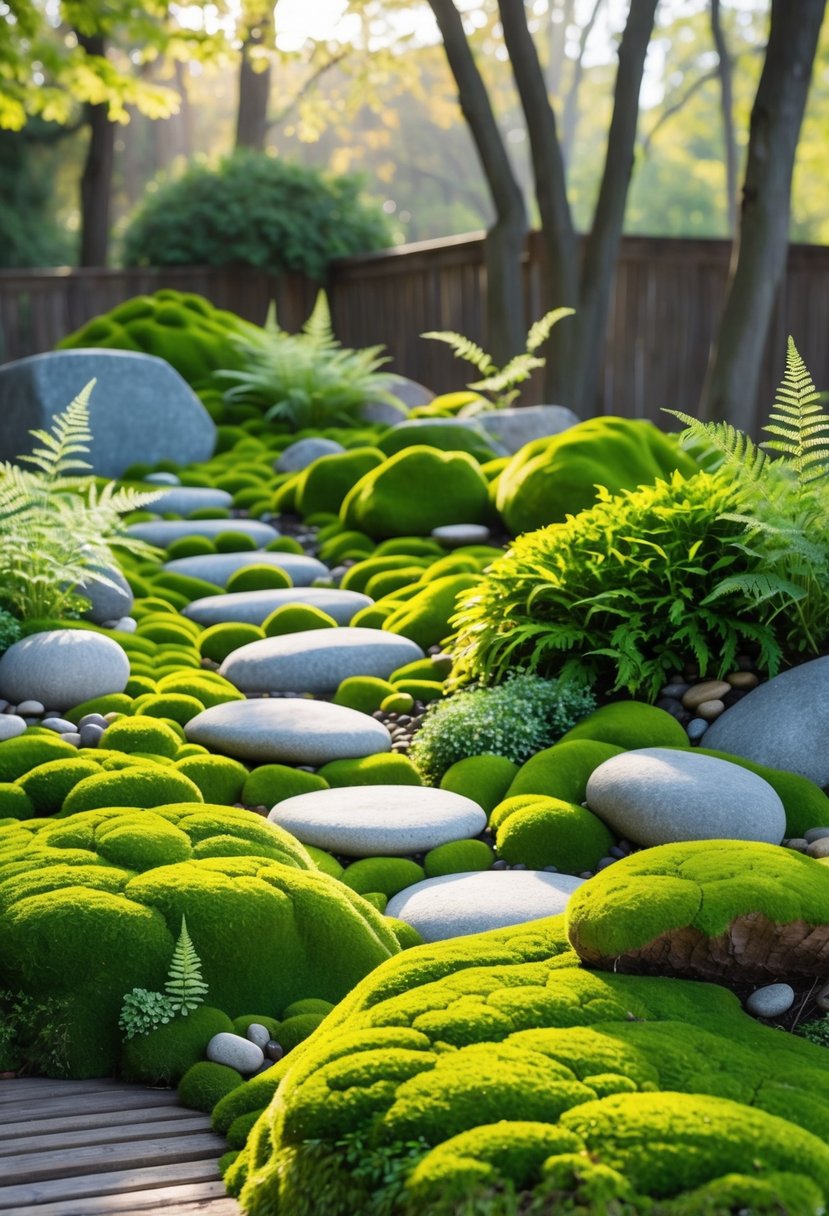 A peaceful moss garden with green moss covering stones and wood, small ferns, and pebbles under soft sunlight.