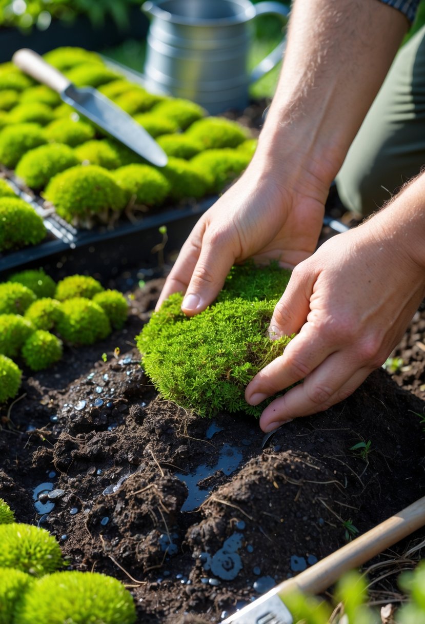 Hands moistening soil in a garden bed with moss patches and gardening tools nearby.