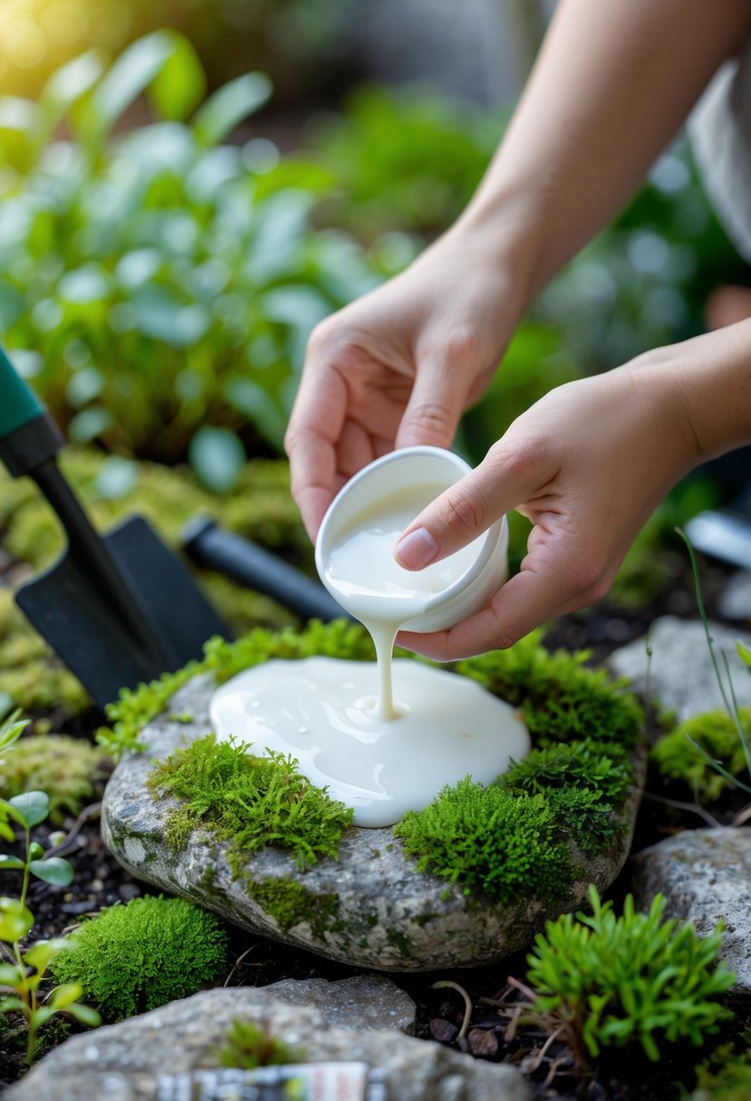Hands applying a buttermilk or yogurt mixture to a stone surface to help moss grow in a garden setting.