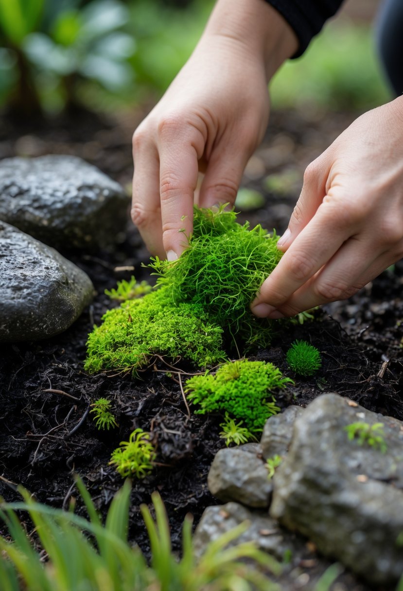 Hands pressing green moss fragments onto soil and rocks in a garden.