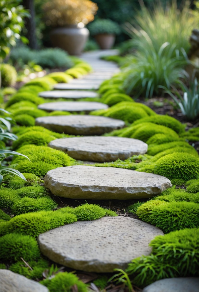 A garden pathway made of stepping stones surrounded by green moss and plants.