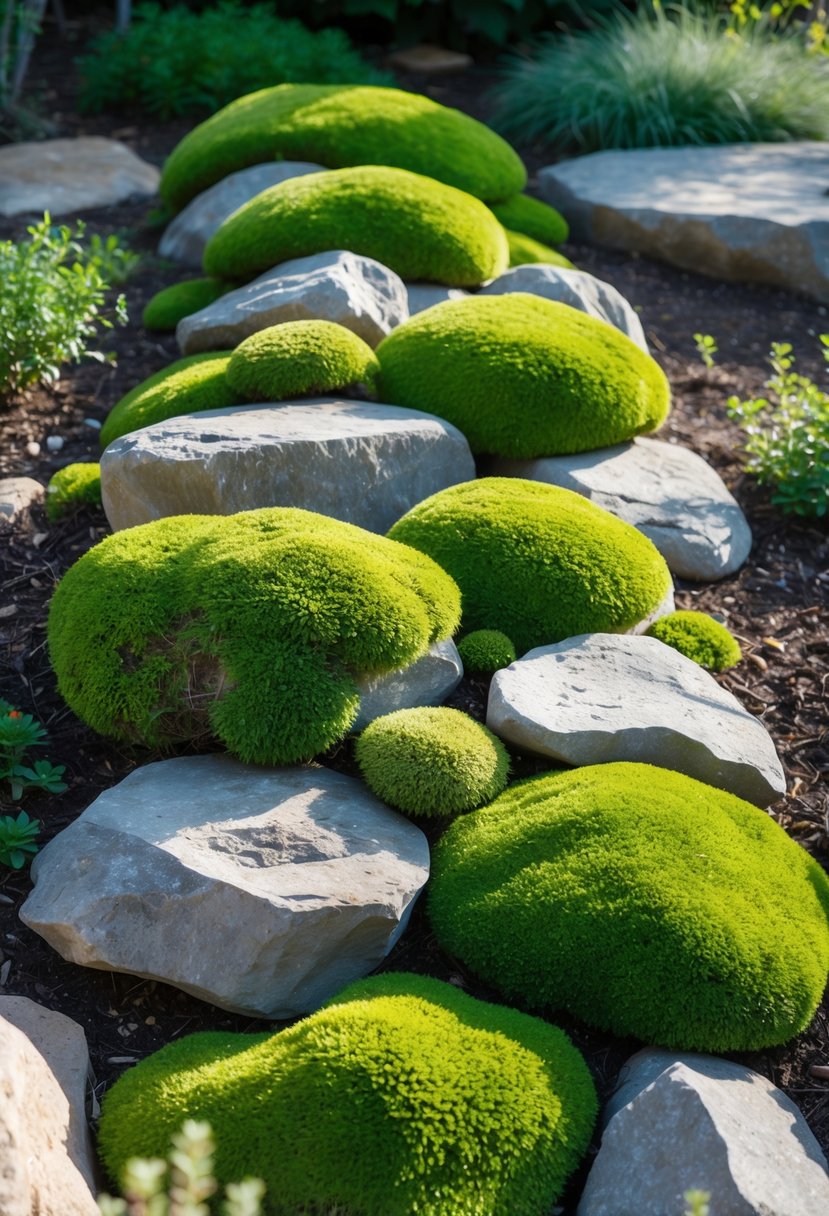 A rock garden with natural stones covered in soft green moss under sunlight, surrounded by small plants.