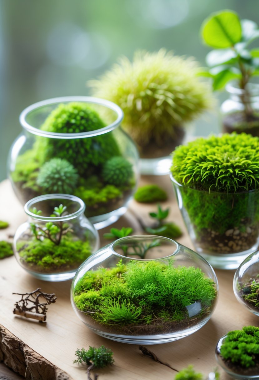 Several glass containers filled with different types of green moss arranged on a wooden surface.