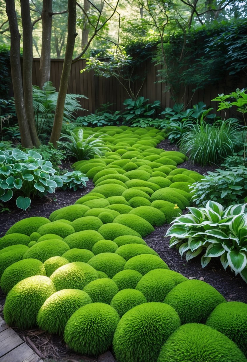 Shaded garden area with dense green moss covering the ground, surrounded by ferns and shade-loving plants.