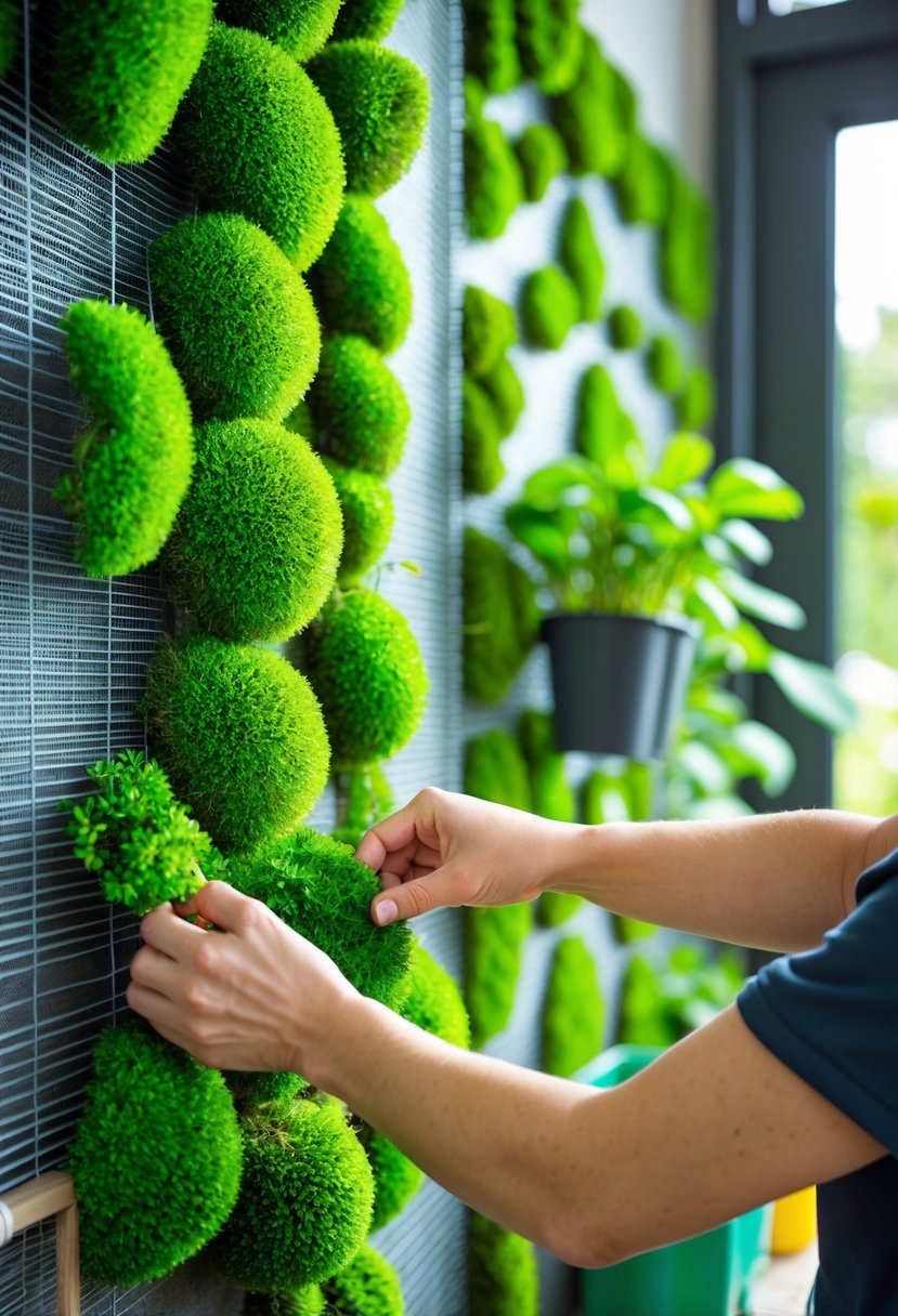 Hands attaching green moss to a vertical wire mesh wall indoors with gardening tools nearby.