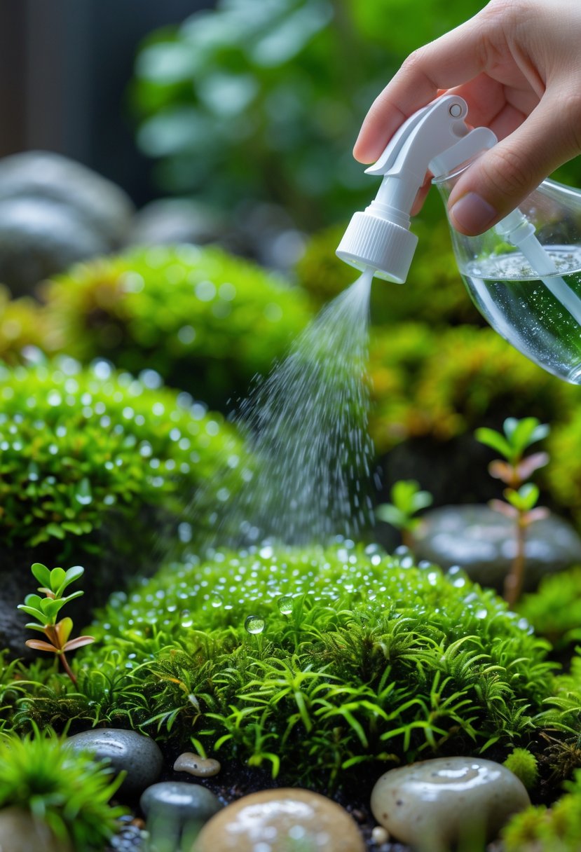 A close-up of a moss garden being misted with water from a spray bottle.