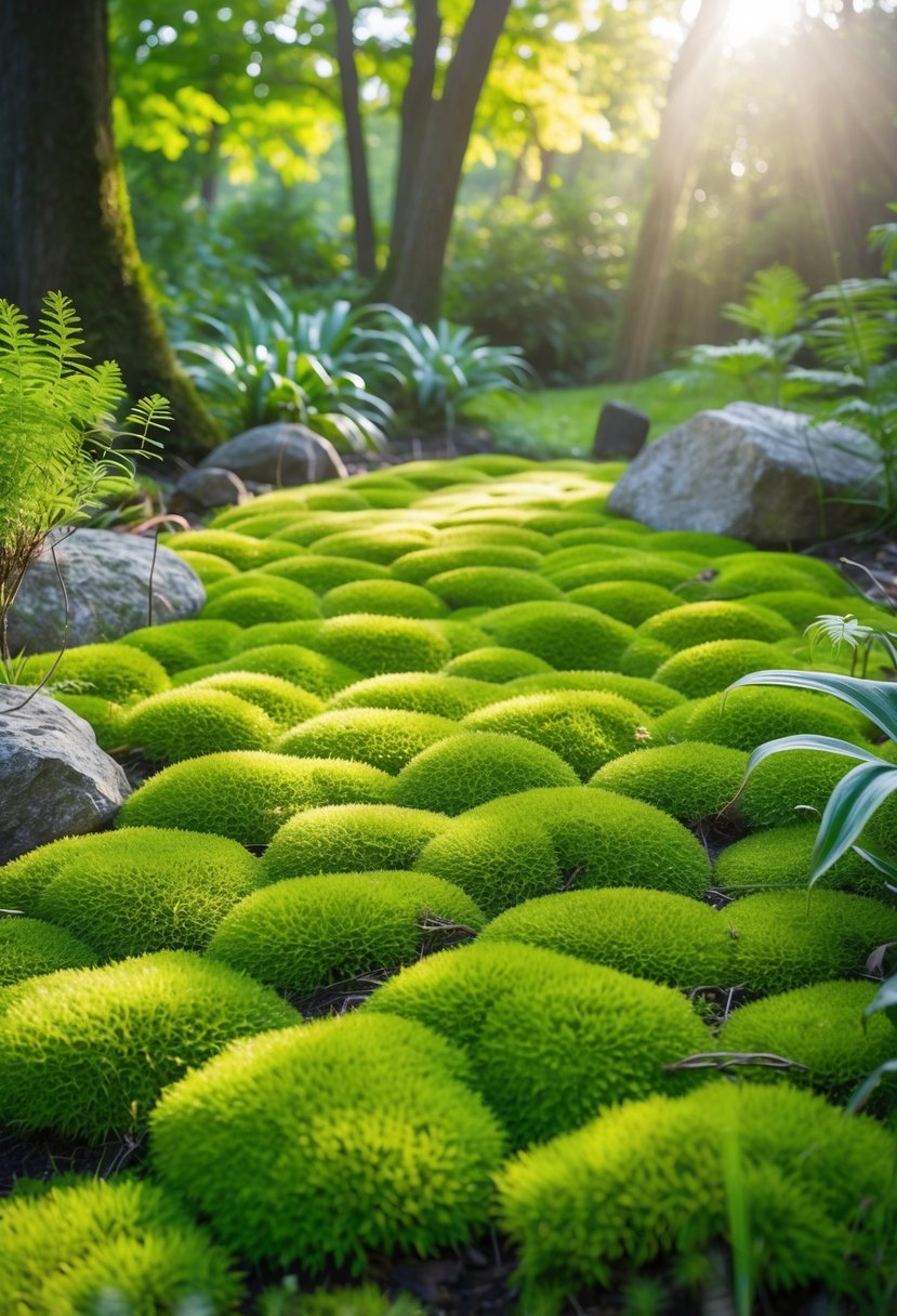 A peaceful garden with vibrant green moss covering the ground, surrounded by plants and rocks, with sunlight filtering through trees.