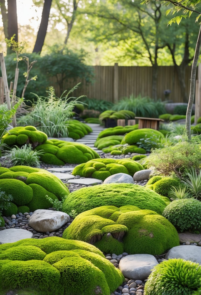 A small, lush moss garden with stones, wooden elements, and green plants under soft sunlight.