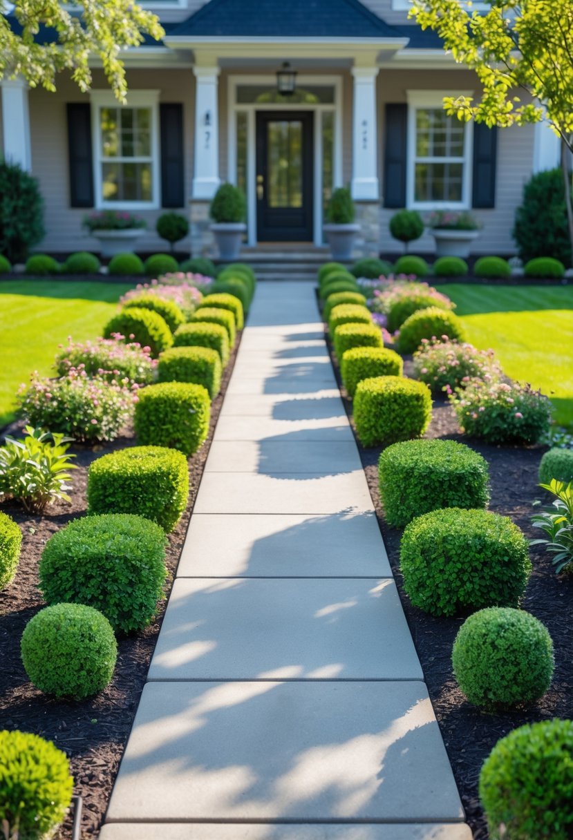 A front yard garden with symmetrical shrub beds on both sides of a walkway leading to a house entrance.