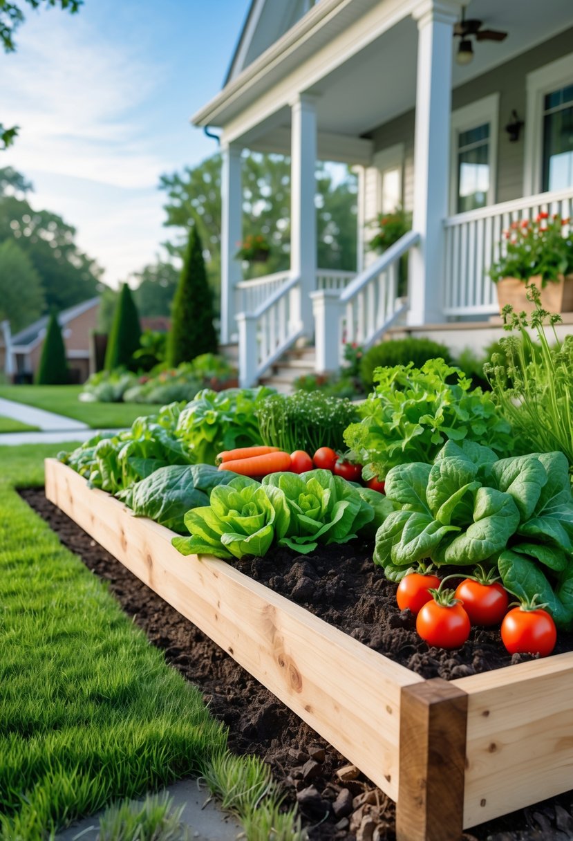 Raised wooden vegetable garden bed near a porch in a front yard with various vegetables growing and green grass surrounding it.
