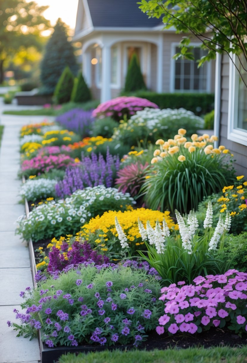 A colorful front yard garden with mixed perennial flower borders and green foliage along a pathway in front of a house.
