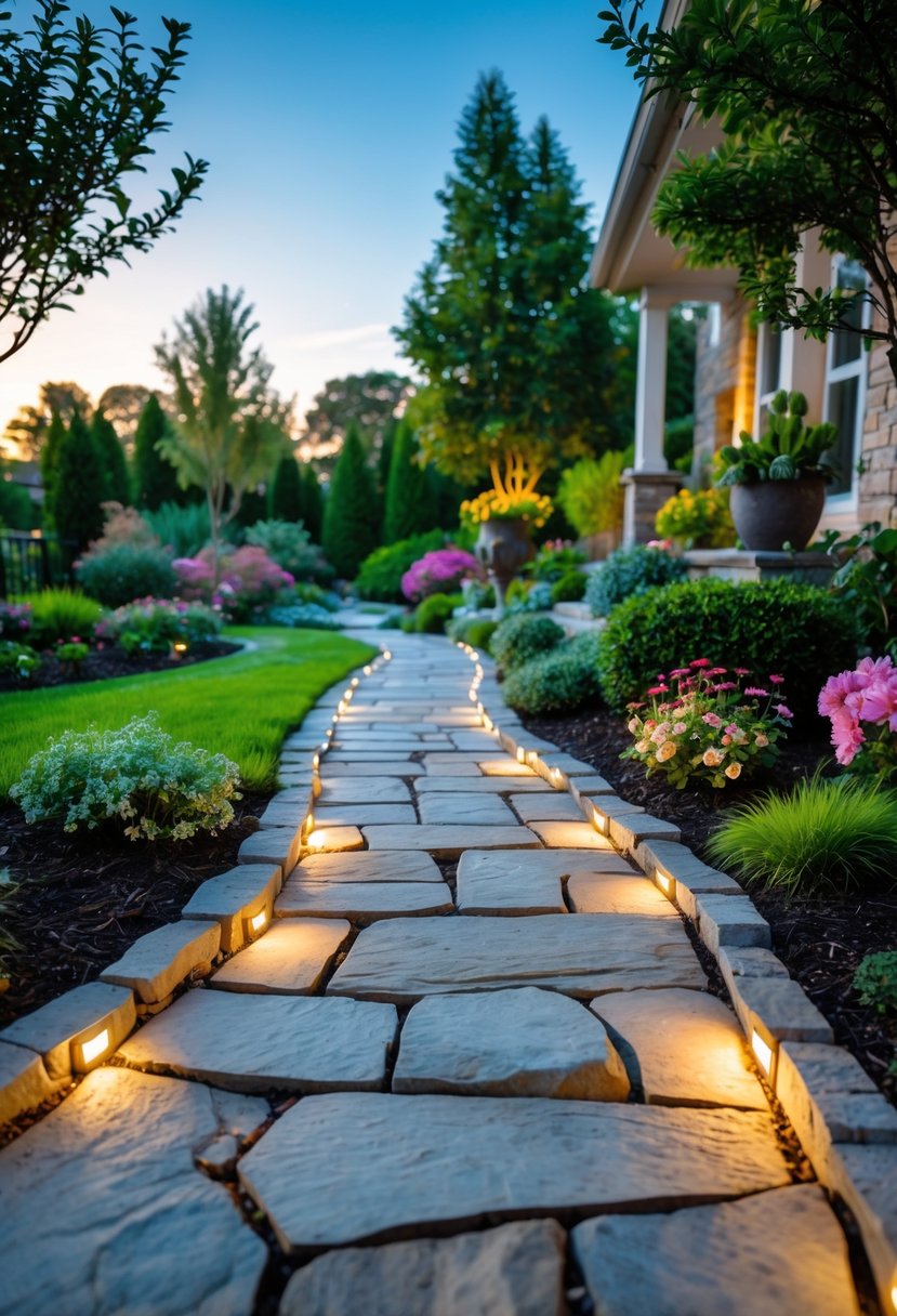 Stone pathway with embedded solar lights surrounded by green lawn and colorful plants in a front yard garden.