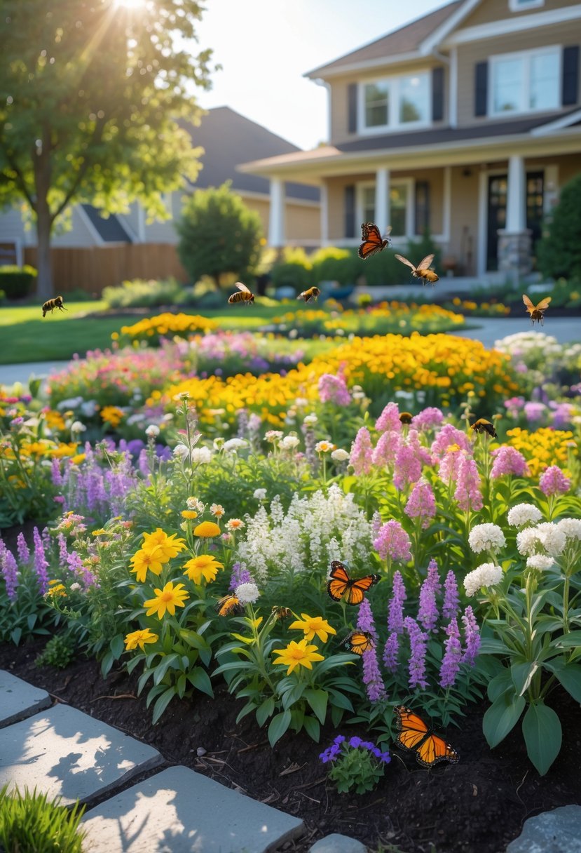 A colorful wildflower patch in a front yard with bees and butterflies visiting the flowers.