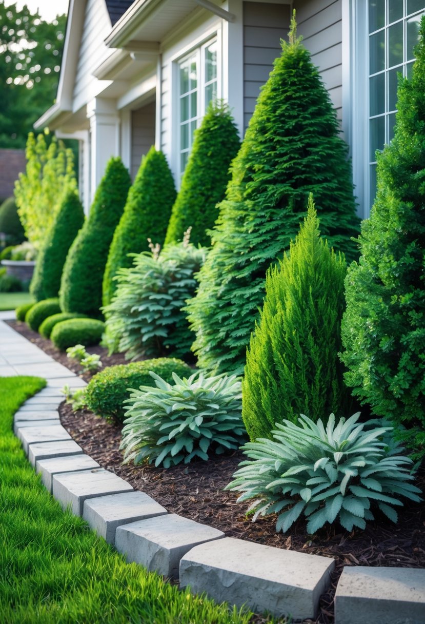 Front yard garden with evergreen shrubs planted along the foundation of a house.