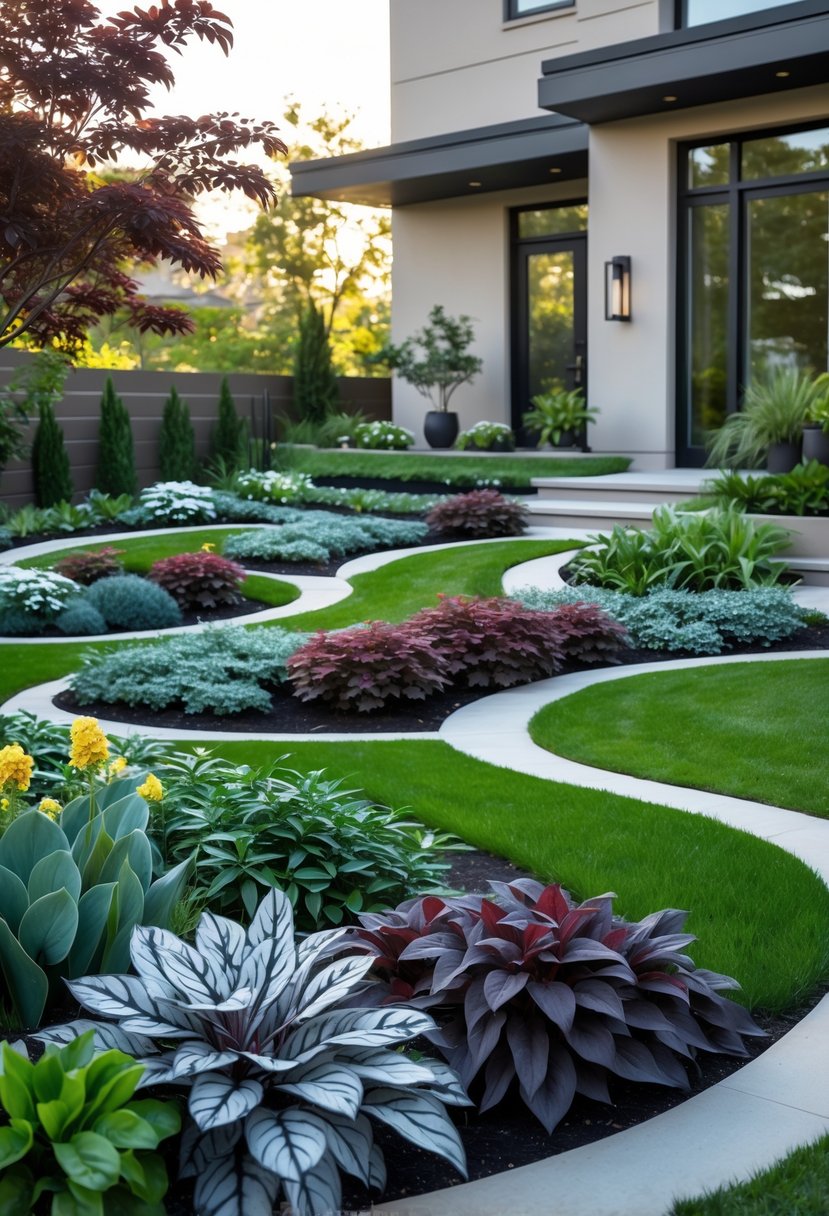 Front yard garden with curved flower beds filled with diverse plants showing contrasting foliage colors and textures.