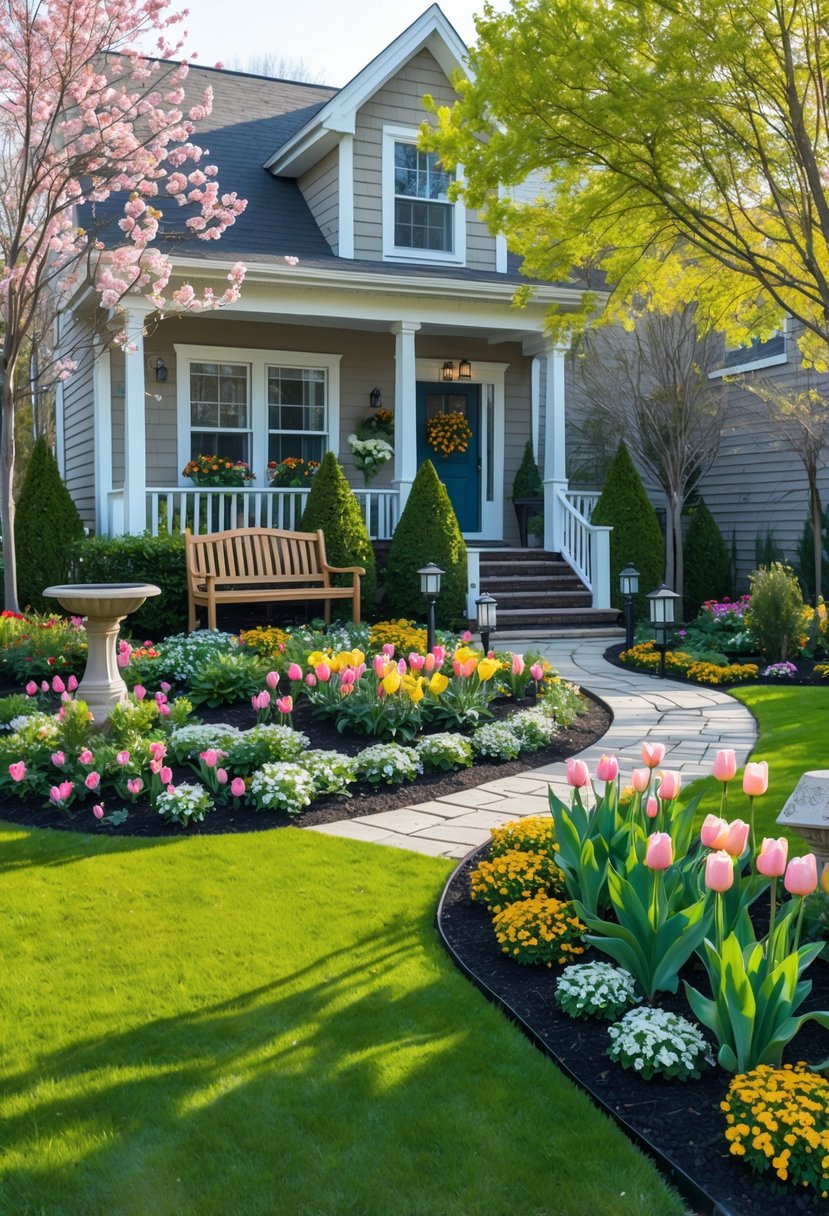 A front yard garden with a lawn, colorful flowers, shrubs, a stone pathway, and a wooden bench leading to a house.