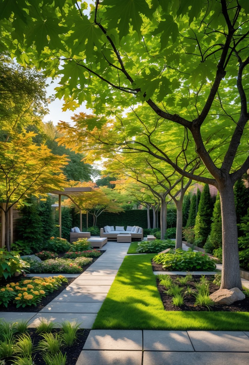 A garden with fast-growing maple trees providing shade over seating areas and pathways surrounded by greenery and flower beds.