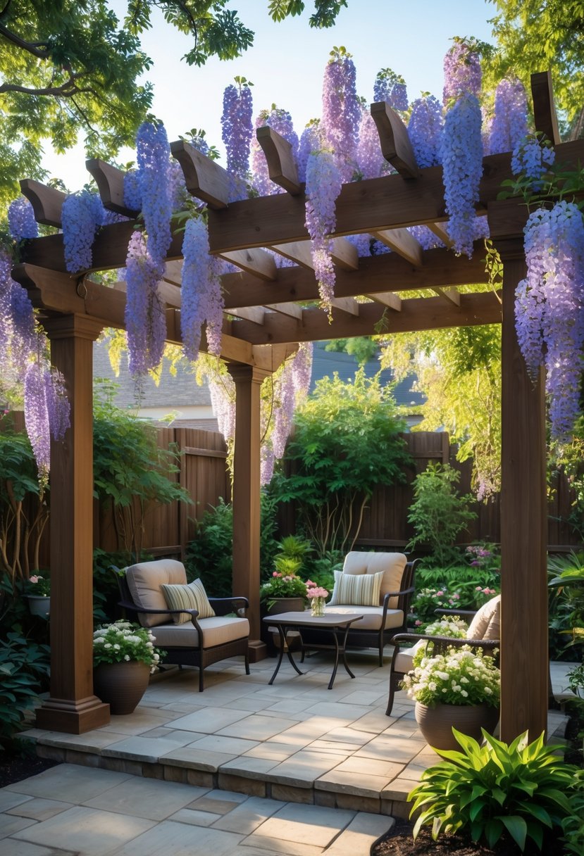 Backyard garden with a wooden pergola covered in blooming wisteria vines shading a seating area surrounded by plants and flowers.