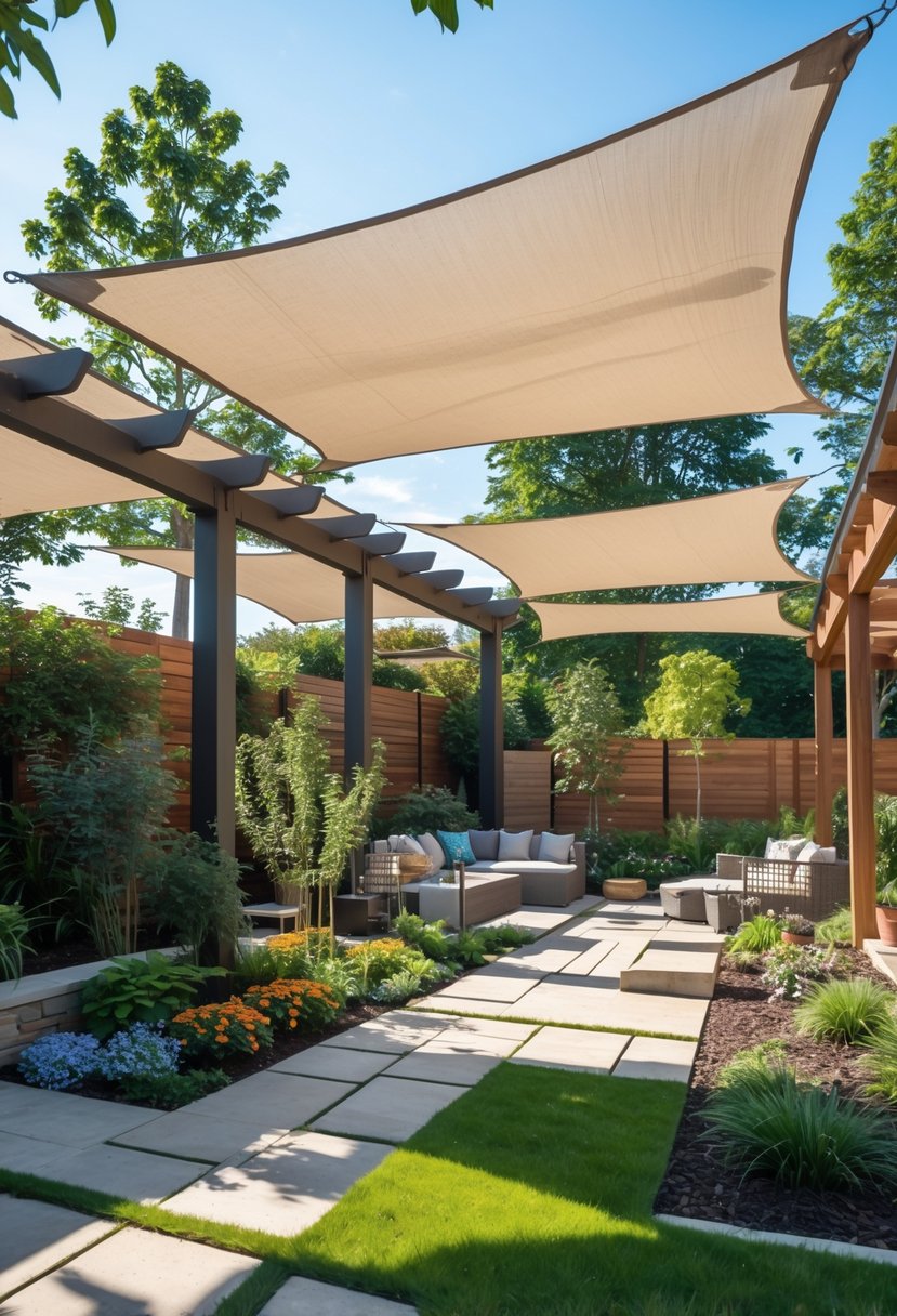 An outdoor garden with shade sails anchored to structures, featuring plants, seating areas, and pathways.