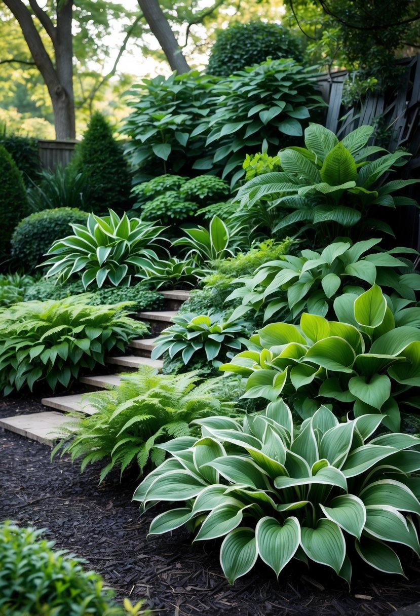 A layered garden with green ferns and hostas arranged in a shaded outdoor space.