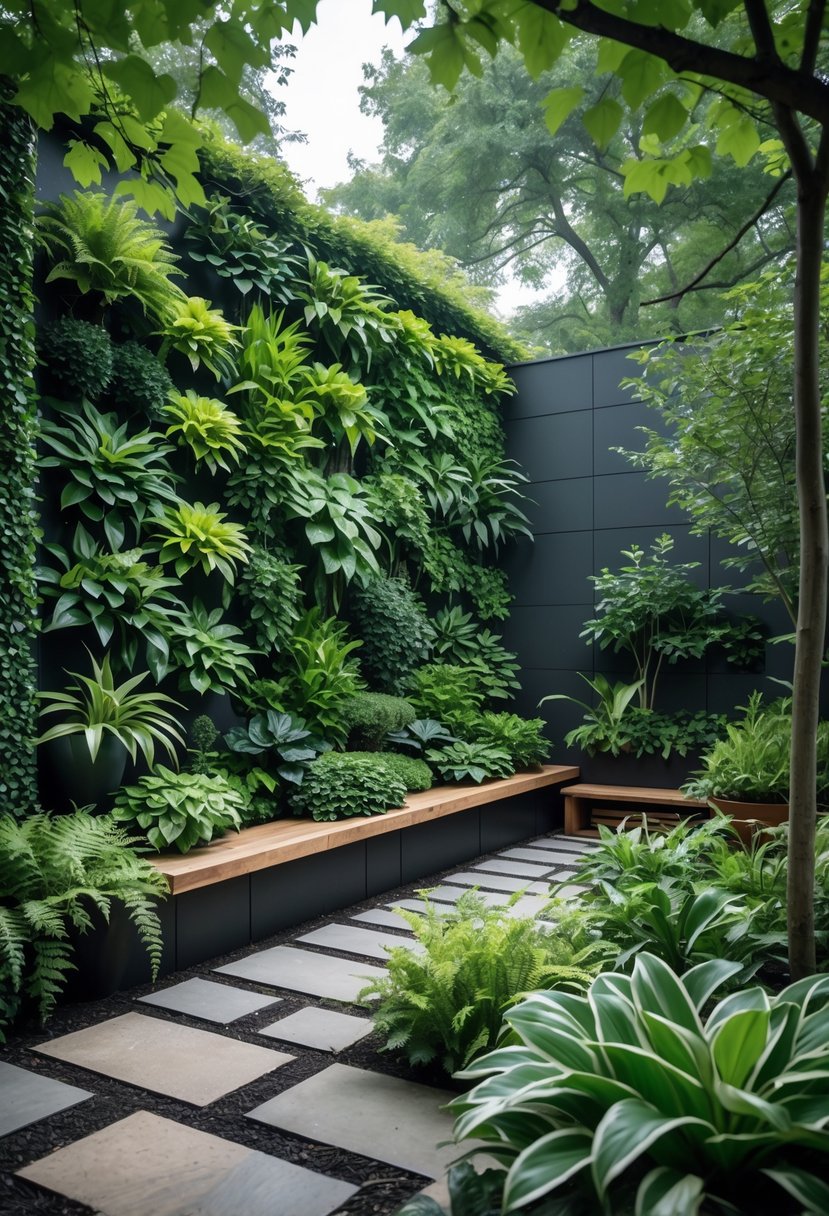 A living wall filled with shade-tolerant plants surrounded by twelve different shade garden layouts with stone paths and benches in a peaceful garden setting.