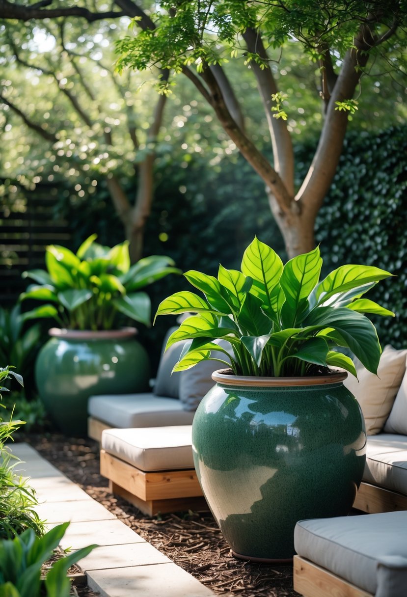 Outdoor garden seating area with large ceramic pots containing elephant ear plants placed near chairs and shaded greenery.