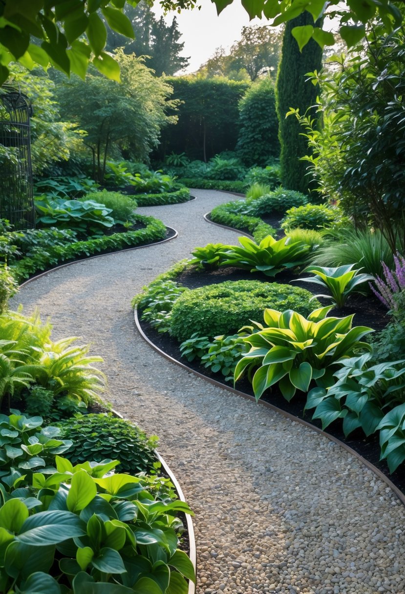 Winding gravel paths bordered by dense shade-loving groundcover plants in a lush garden setting.