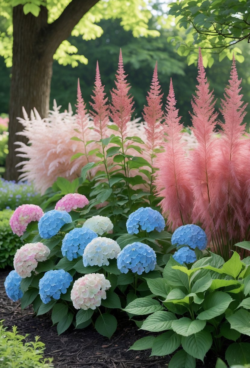 A shaded garden bed filled with blooming hydrangeas in pink, blue, and white, alongside tall pink and red astilbe flowers under leafy trees.