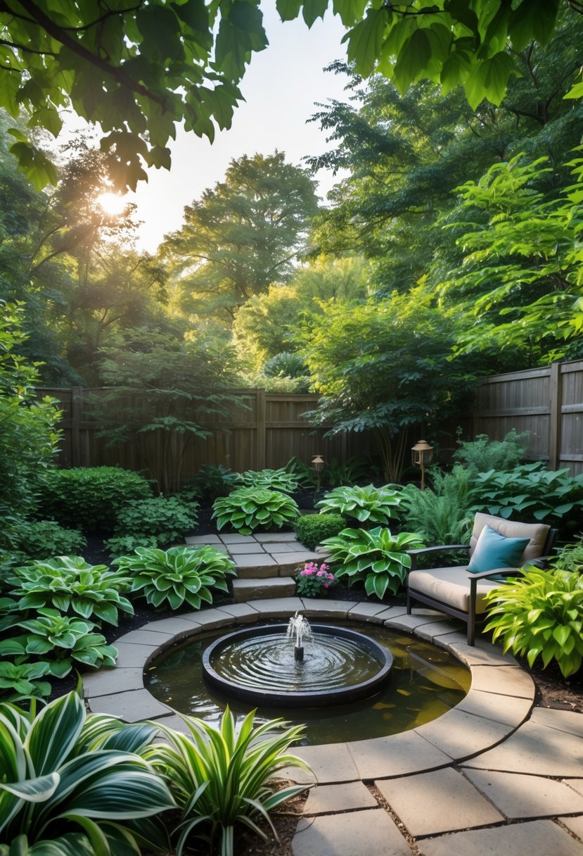 A shaded garden area with a small water feature surrounded by shade-loving plants and natural stone pathways.