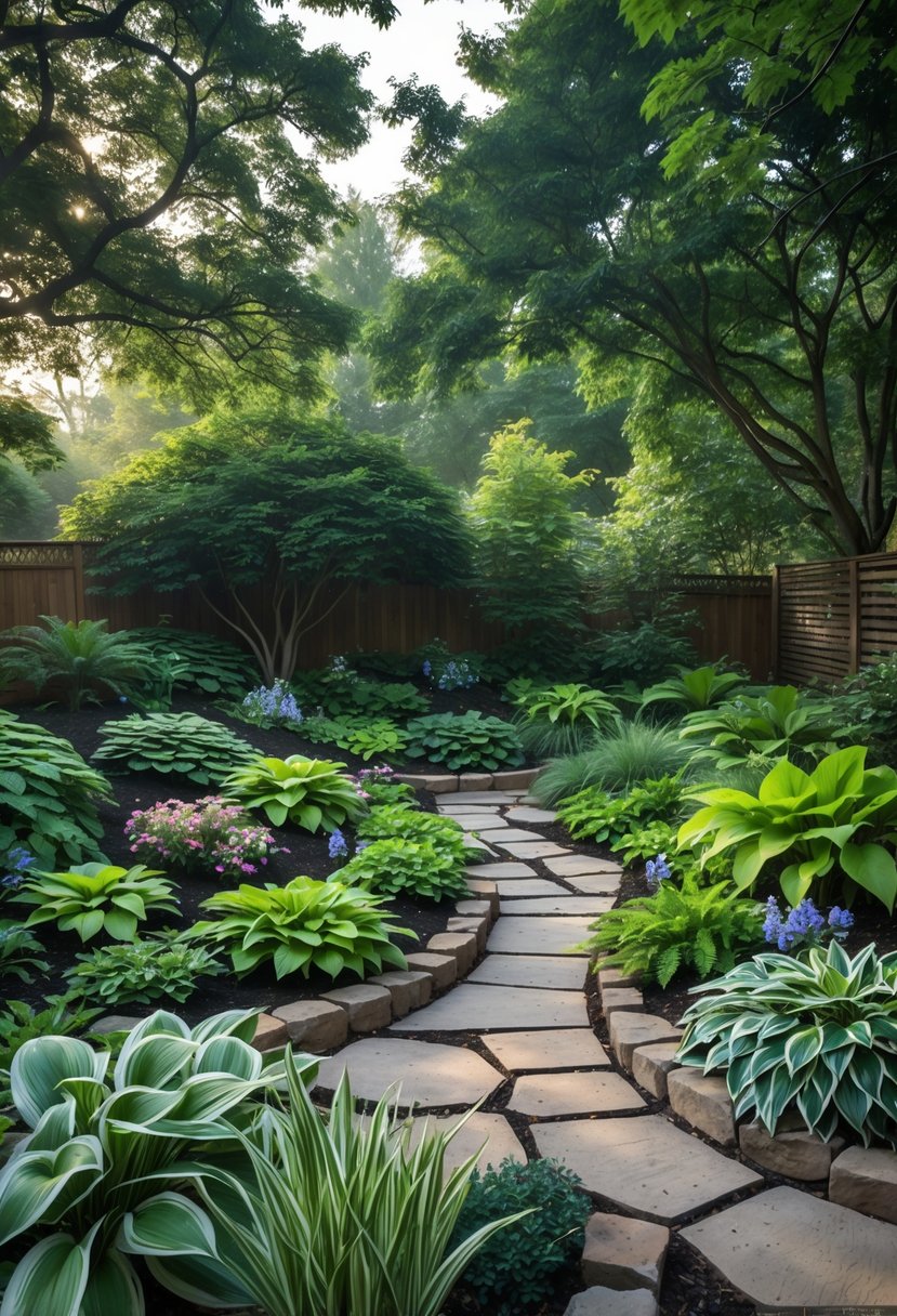 A shaded garden with green plants, flowers, stone pathways, and large trees creating a peaceful outdoor space.