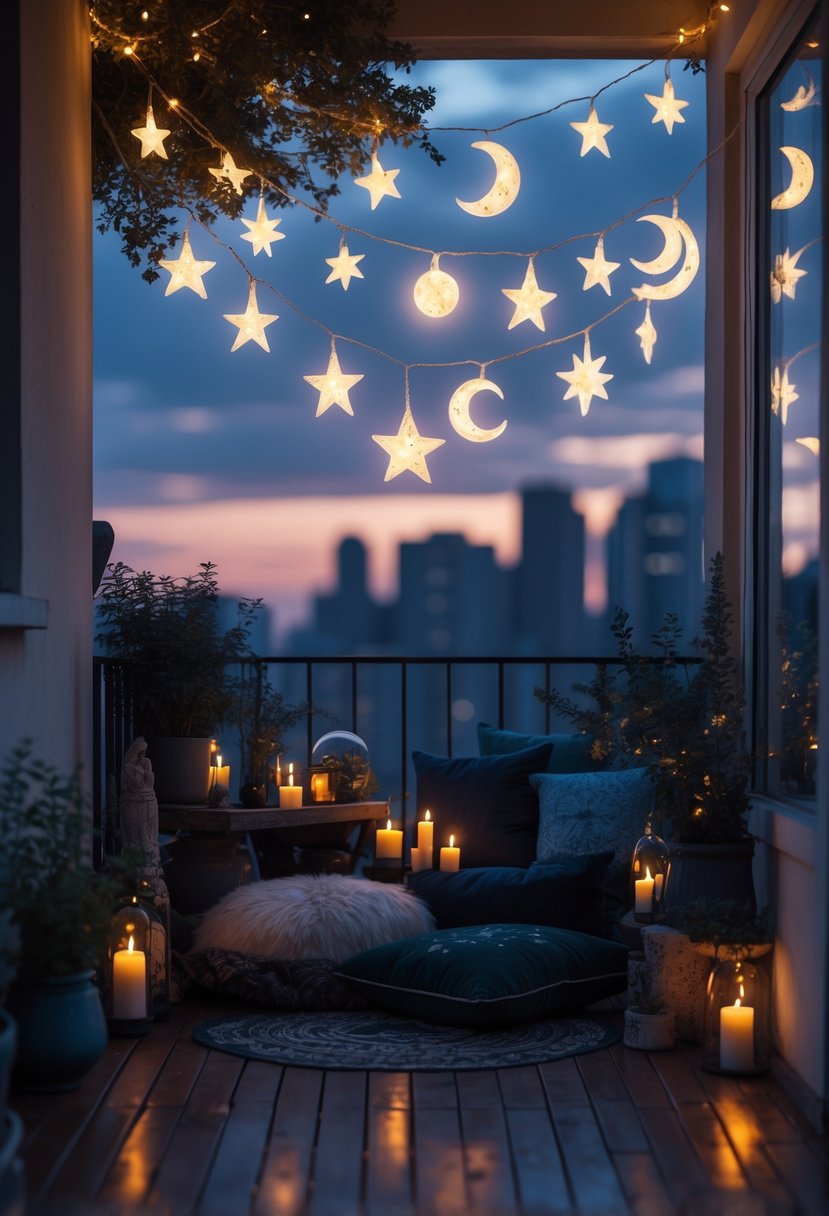 A balcony decorated with celestial string lights and mystical decor glowing softly at twilight.
