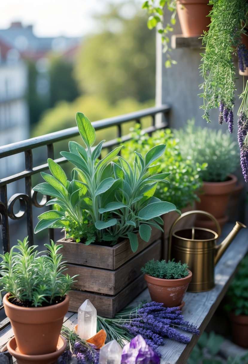 A small balcony garden with pots of sage, rosemary, and lavender plants arranged on a wooden surface with sunlight and decorative crystals nearby.