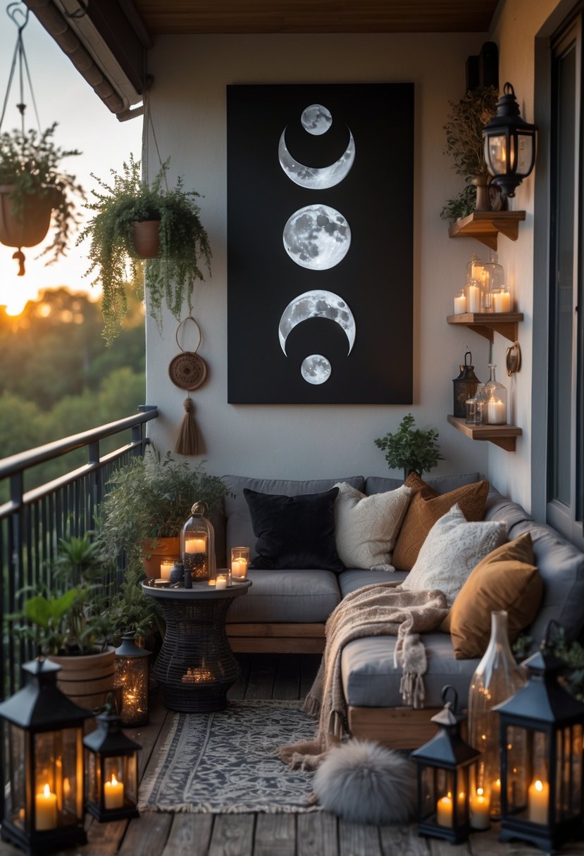 A balcony decorated with black moon phase wall art, plants, candles, crystals, and cozy seating.