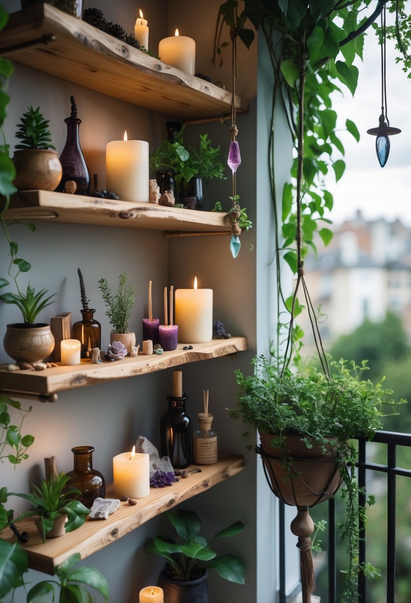 A balcony with natural wood shelves holding candles, crystals, plants, and ritual tools surrounded by greenery.