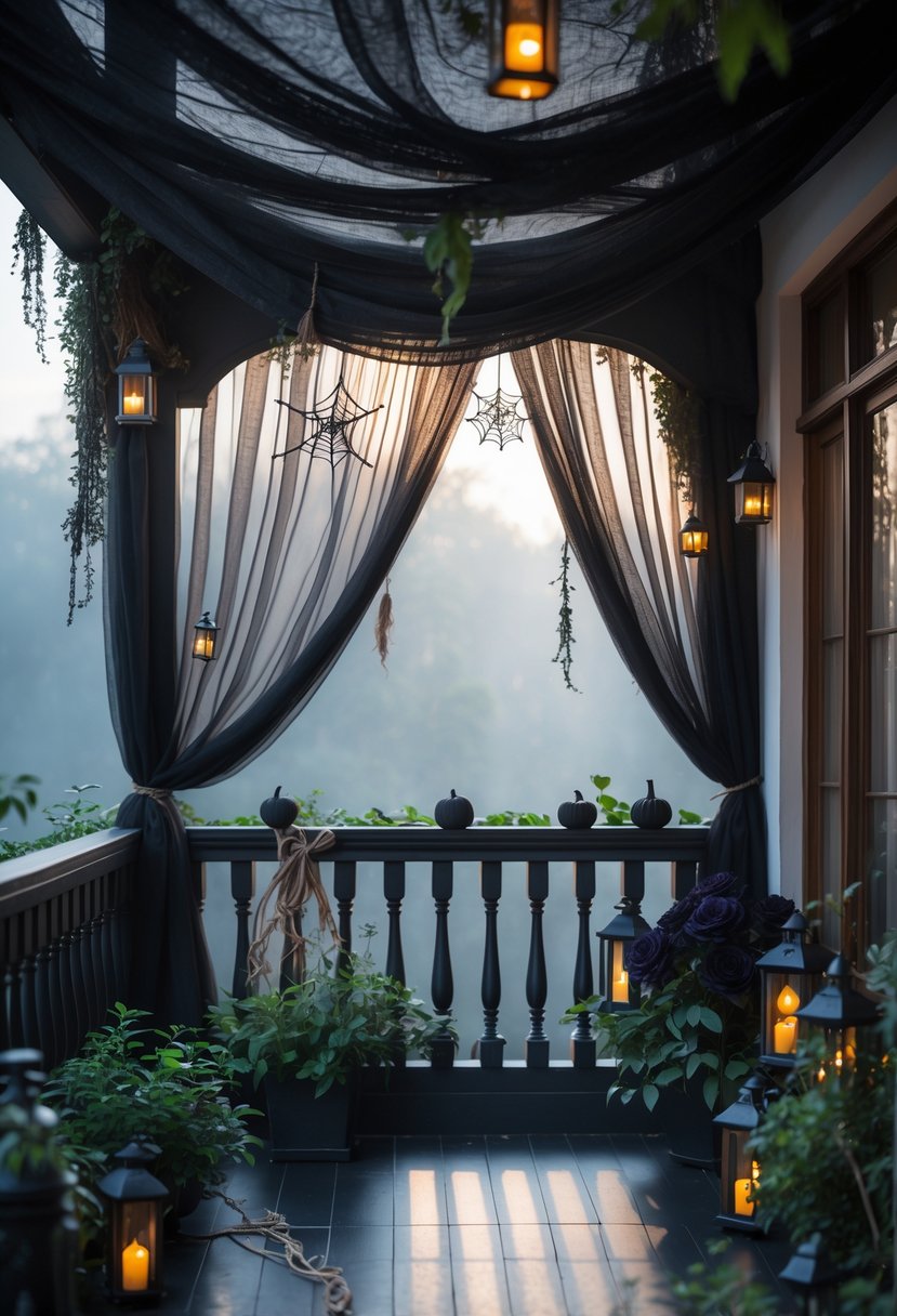A balcony with a sheer black canopy draped overhead, decorated with hanging lanterns, dried herbs, and dark flowers, creating a mysterious atmosphere.