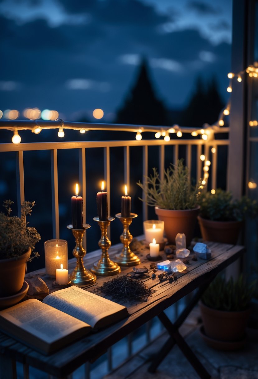 A nighttime balcony scene with black candles in brass holders on a wooden table, surrounded by herbs, crystals, and plants.