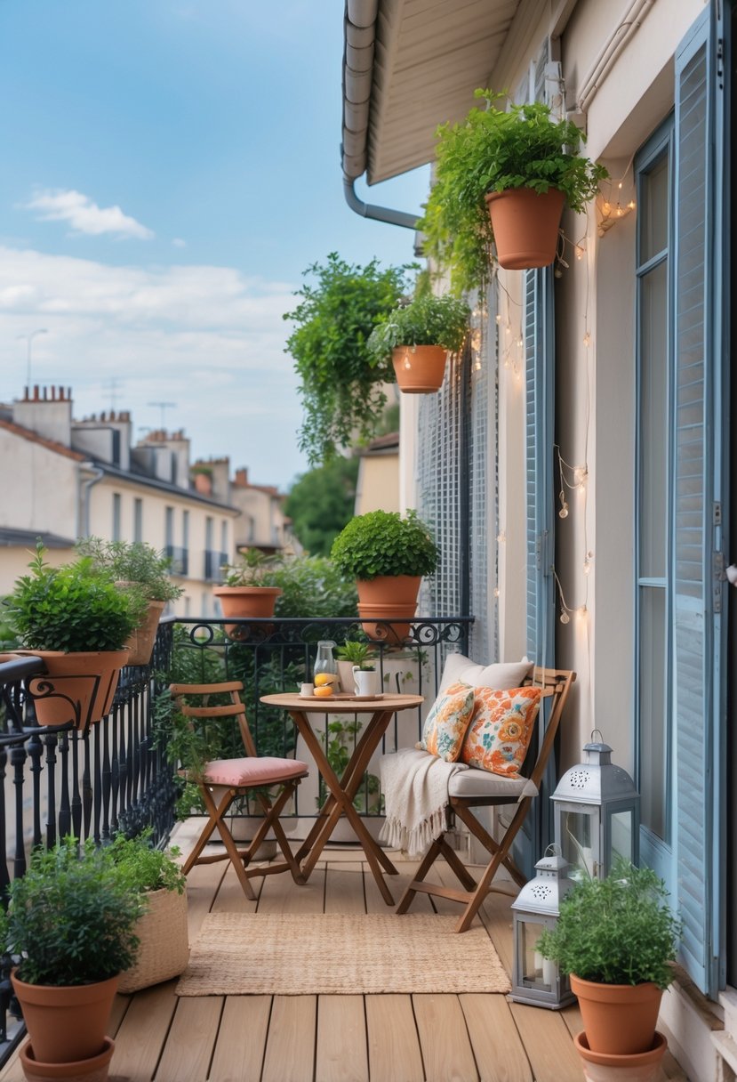 A small French balcony decorated with plants, a wooden table and chairs, string lights, and decorative lanterns overlooking urban buildings.