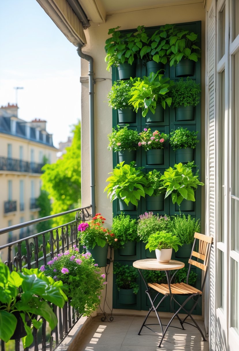 A small French balcony decorated with vertical garden panels filled with lush green plants and flowers, with a wrought iron railing and natural sunlight.