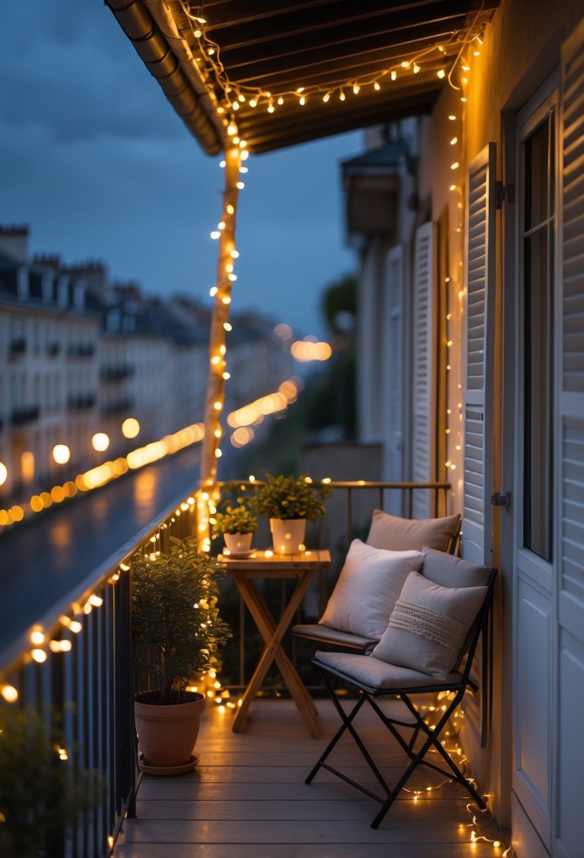 A cozy French balcony at night lit by warm string lights, with chairs, a small table, and plants.