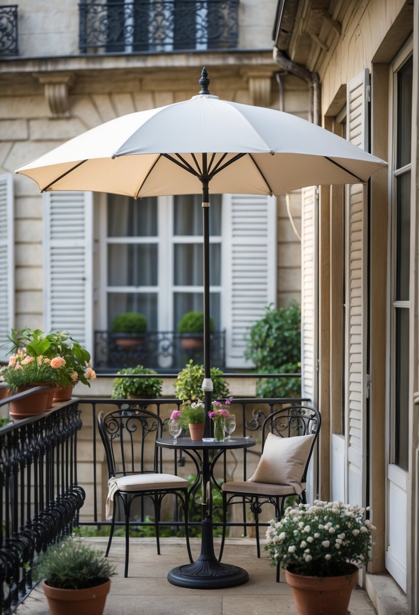 A French balcony with a bistro umbrella providing shade over a small table and chairs, surrounded by plants and Parisian buildings in the background.