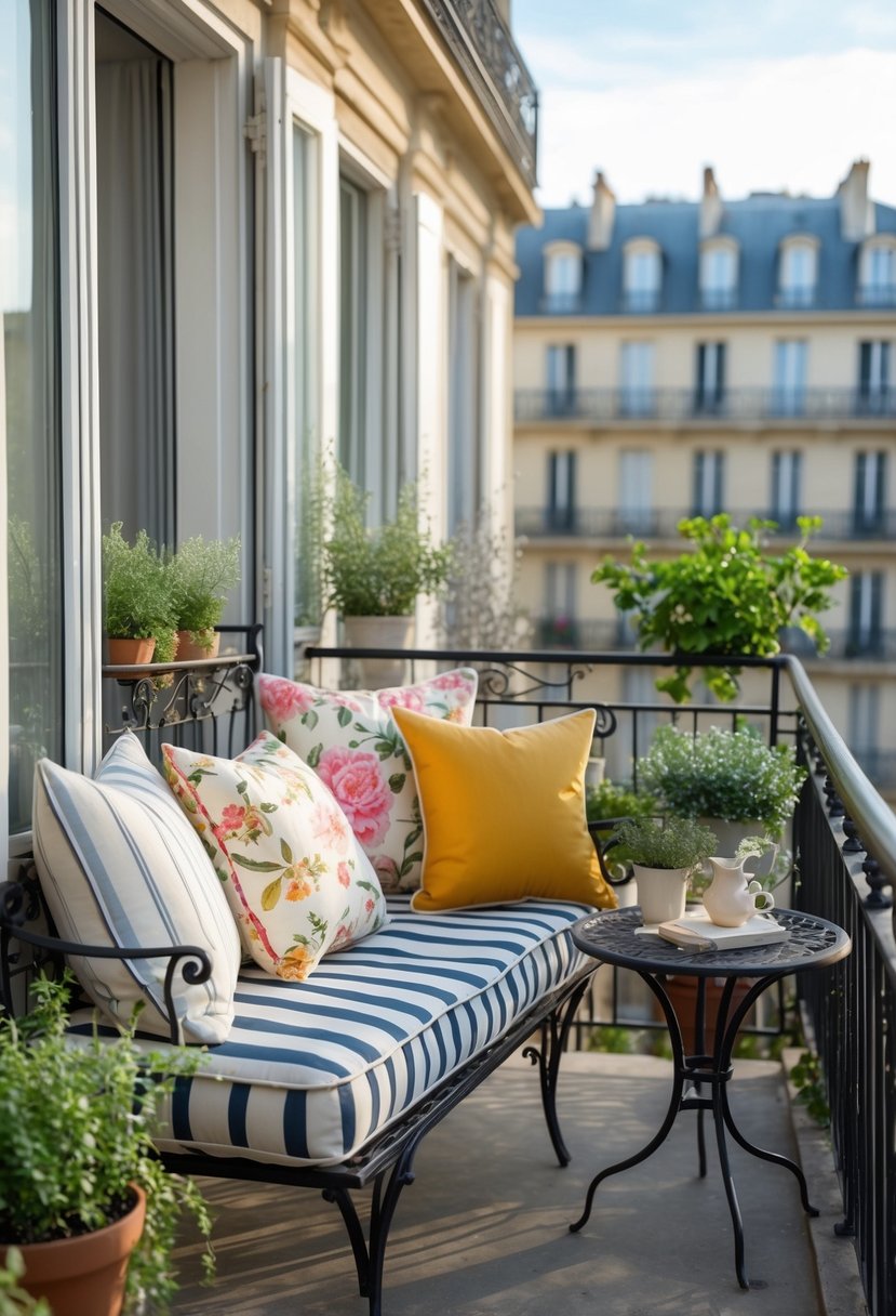 A small French balcony with striped and floral cushions on seating, surrounded by potted plants and city buildings in the background.